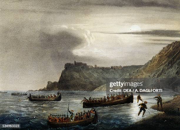 The landing of the first Garibaldian fleet at the fort in Scilla, August 22 lithograph by Carlo Perrin, from Album of the War in Italy from...