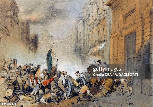 Garibaldi on the barricades in Palermo, May 29 lithograph by Carlo Perrin, from Album of the War in Italy from 1860-1861, Turin, 1864. Expedition of...