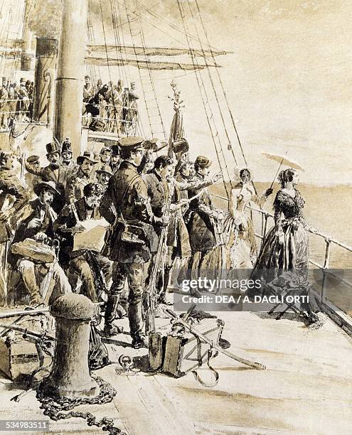 Italian patriot volunteers departing from the pier in Naples following Princess Belgioioso on March 29 woodcut by Edoardo Matania from Scenes of the...