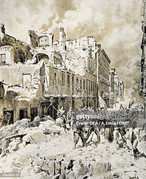 The bombing of Palermo with the arrival of Garibaldi, May 17th woodcut by Edoardo Matania from Scenes of the Italian Risorgimento, Treves, 1890....