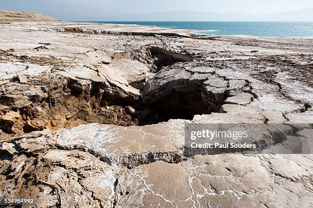 salt formations along dead sea shore, israel - sinkholes 個照片及圖片檔