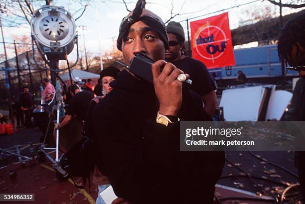 American rapper Tupac Shakur on the set of "Above the Rim" in Harlem.
