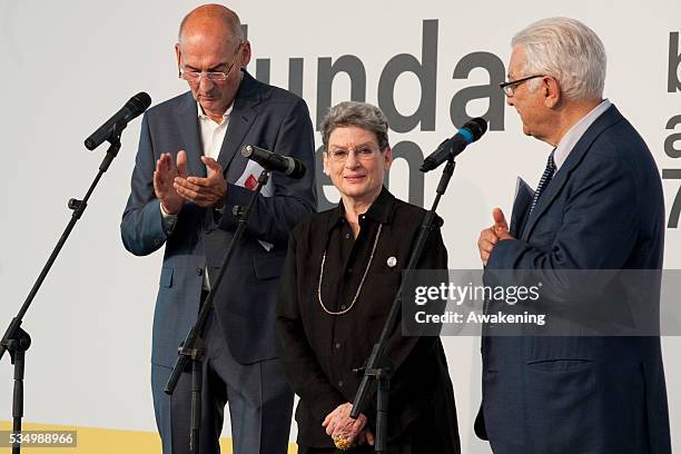 Director of Biennale Paolo Baratta and Director of Biennale Rem Koolhaas andPhyllis Lambert awarded for the carieer during The 14th International...