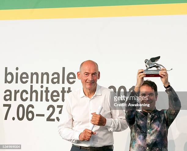 Director of Biennale Rem Koolhaas and AndrÃ©s Jaque awarded during The 14th International Architecture Exhibition on June 7, 2014 in Venice, Italy