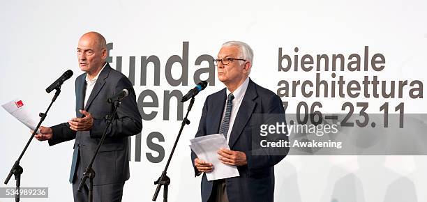Director of Biennale Paolo Baratta and Director of Biennale Rem Koolhaas opening the award during The 14th International Architecture Exhibition on...