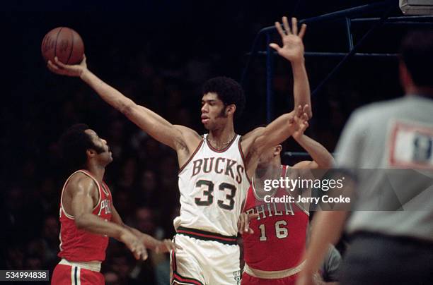 Kareem Abdul-Jabbar, number 33 for the Milwaukee Bucks, holds the basketball during a game at Madison Square Garden.