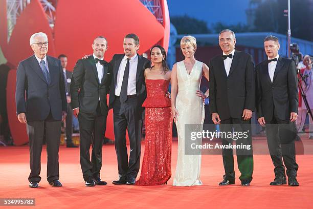 'Good Kill' Premiere at the 71st Venice Cinema Festival - in the photo: President of the Festival Paolo Baratta, producer Zev Foreman, actors Ethan...