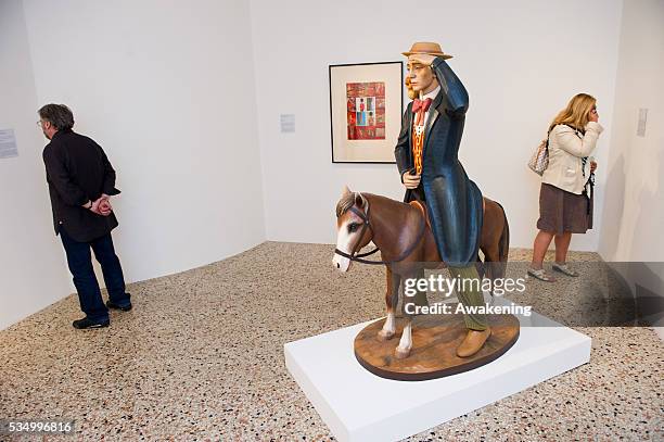 Wooden sculpture 'Buster Keaton' by Jeff Koons at the press preview of Ileana Sonnabend 'Un Ritratto Italiano'