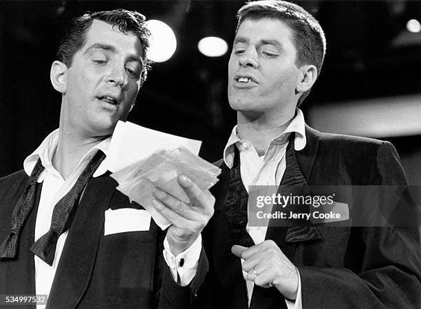 Comedians Dean Martin and Jerry Lewis on the set of a fundraising television program.