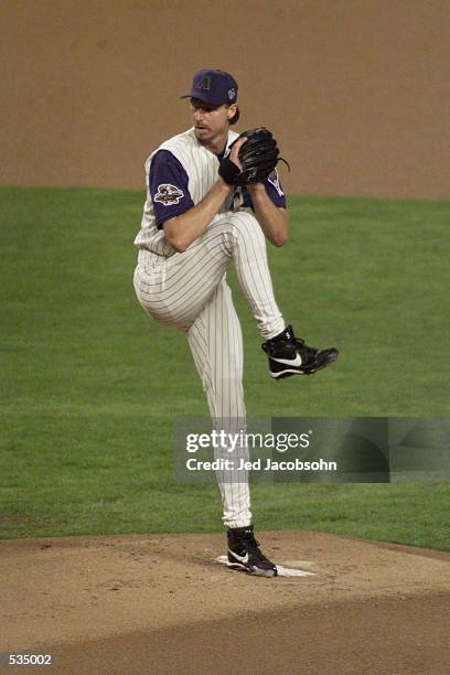 Starting pitcher Randy Johnson of the Arizona Diamondbacks throws against the New York Yankees during game two of the Major League Baseball World...