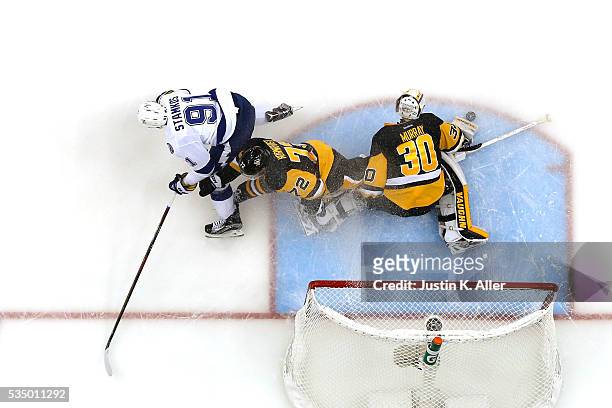 Matt Murray of the Pittsburgh Penguins tends goal against Steven Stamkos of the Tampa Bay Lightning in Game Seven of the Eastern Conference Final...