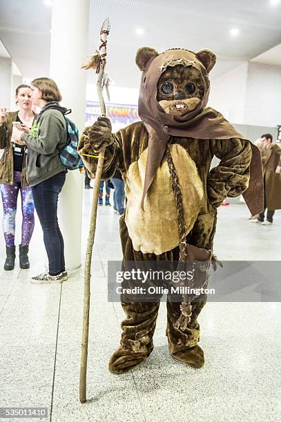 Cosplay enthusiasts dressed as an Ewok from Star Wars on Day 2 of MCM London Comic Con at The London ExCel on May 28, 2016 in London, England.