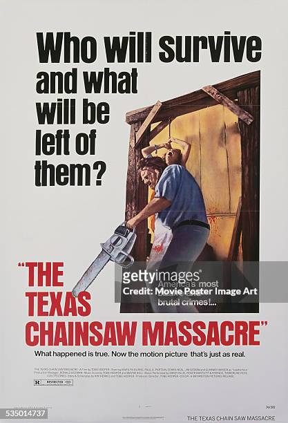 Poster for Tobe Hooper's 1974 horror film 'The Texas Chain Saw Massacre' starring Gunnar Hansen.