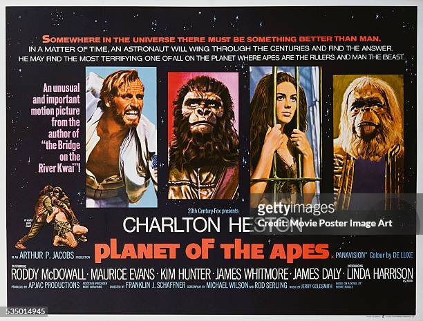 Poster for Franklin J. Schaffner's 1968 adventure film 'Planet of the Apes' starring Charlton Heston, Roddy McDowall, Kim Hunter, and Maurice Evans.