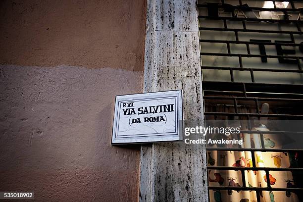 Banner against the leader of Italy's right-wing Lega Nord party, Matteo Salvinia during a counter-demonstration organised by left-wing movements and...