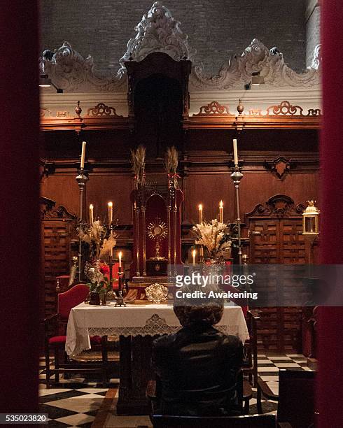 Woman in adoration of the Virgin Mary in the church of Santa Ana. During the weeks before Christmas, the churches of the gypsy quarter of Triana...