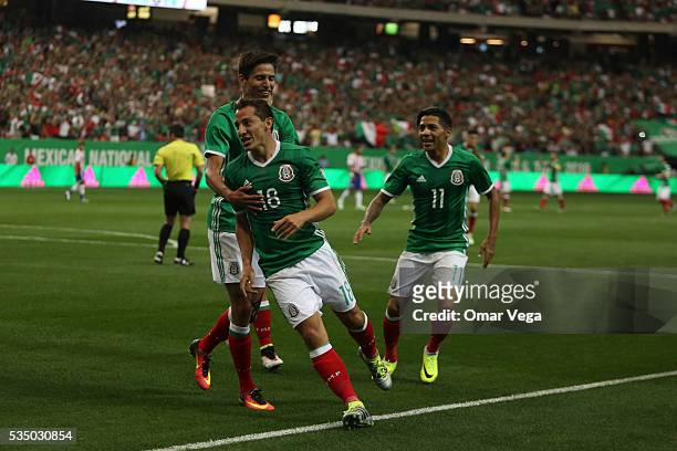 Andres Guardado of Mexico celebrates after scoring the first goal of his team during the international friendly match between Mexico and Paraguay in...