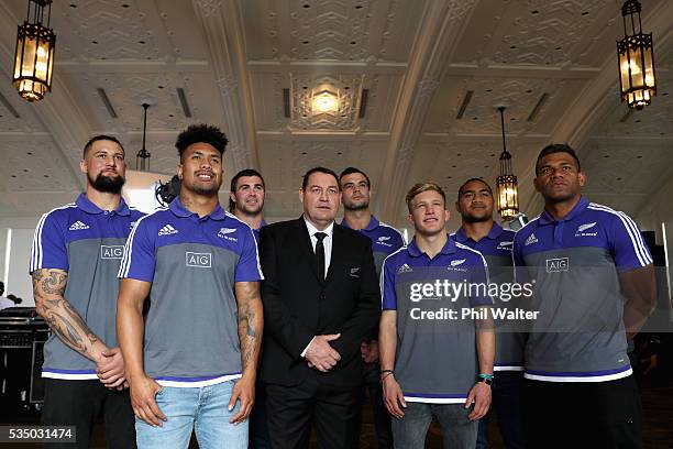 New All Black caps Elliot Dixon, Ardie Savea, Liam Squire, All Black coach Steve Hansen, Tom Franklin, Damian McKenzie, Ofa Tu'ungafasi and Seta...