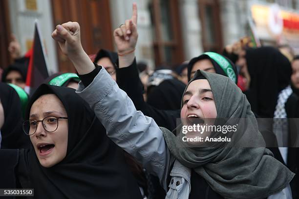 People attend 'Free Jerusalem March' organized by IHH Humanitarian Relief Foundation on May 28, 2016 in Istanbul on the 6th anniversary of the 31 May...