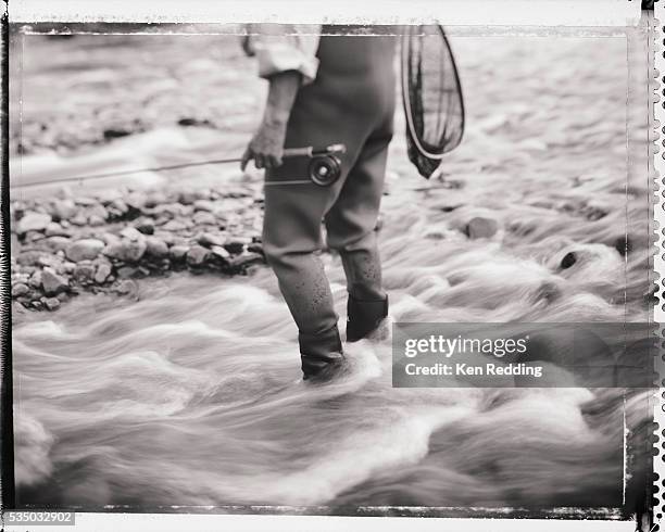 fly fisherman standing in stream - vintage fishing reel stock pictures, royalty-free photos & images