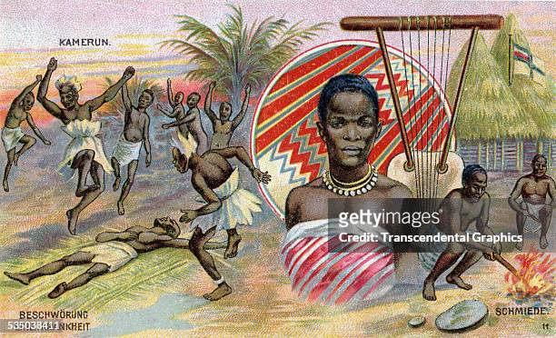 German printer produced this African themed advertising trade card with scenes from Camaroon, printed in Germany around 1890.