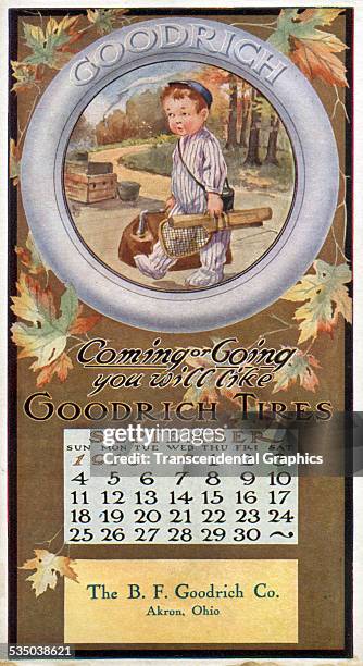 Goodrich Tire company uses a calendar blotter and a cute cartoon for a promotion, from Akron, Ohio in January of 1910.