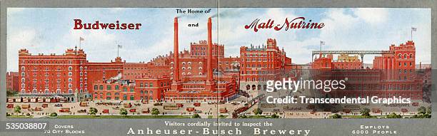 Foldout postcard with a panoramic view of the huge Budweiser beer plant comes from St Louis, Missouri around 1930.