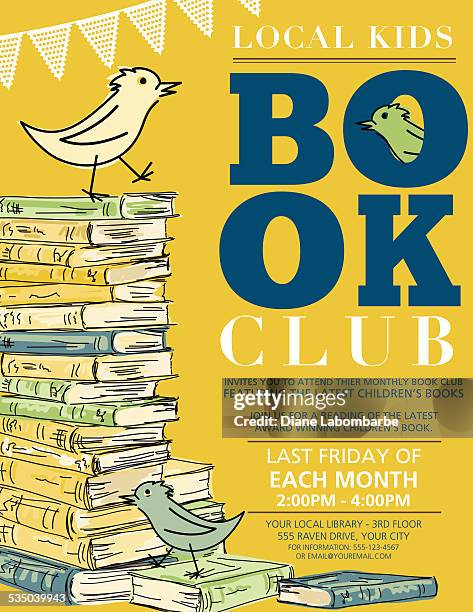 ilustraciones, imágenes clip art, dibujos animados e iconos de stock de habitación bien iluminada, de estilo retro para niños club de libros invitación póster - póster