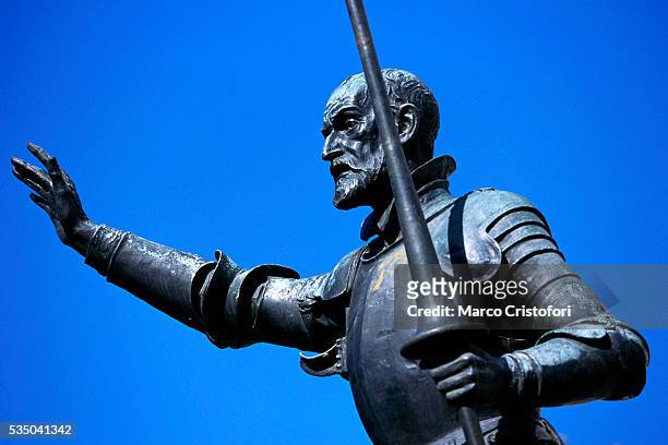 detail of don quixote statue from monument to cervantes - don quijote de la mancha fotografías e imágenes de stock