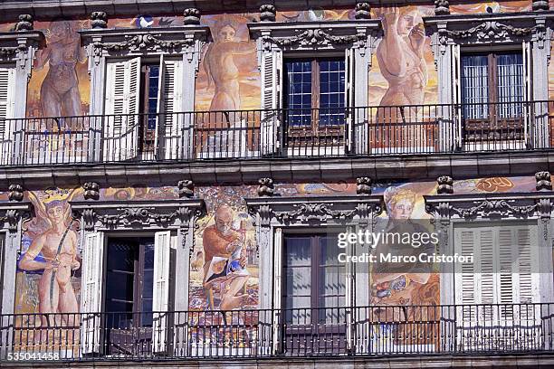 frescoes on building at plaza mayor in madrid - plaza mayor madrid stock pictures, royalty-free photos & images