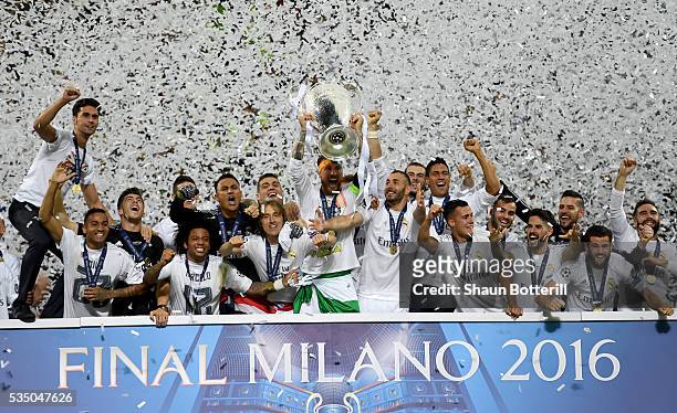Sergio Ramos of Real Madrid of Real Madrid lifts the Champions League trophy after the UEFA Champions League Final match between Real Madrid and Club...