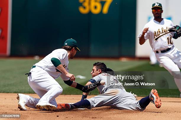 Ian Kinsler of the Detroit Tigers steals second base ahead of a tag from Jed Lowrie of the Oakland Athletics during the fourth inning at the Oakland...