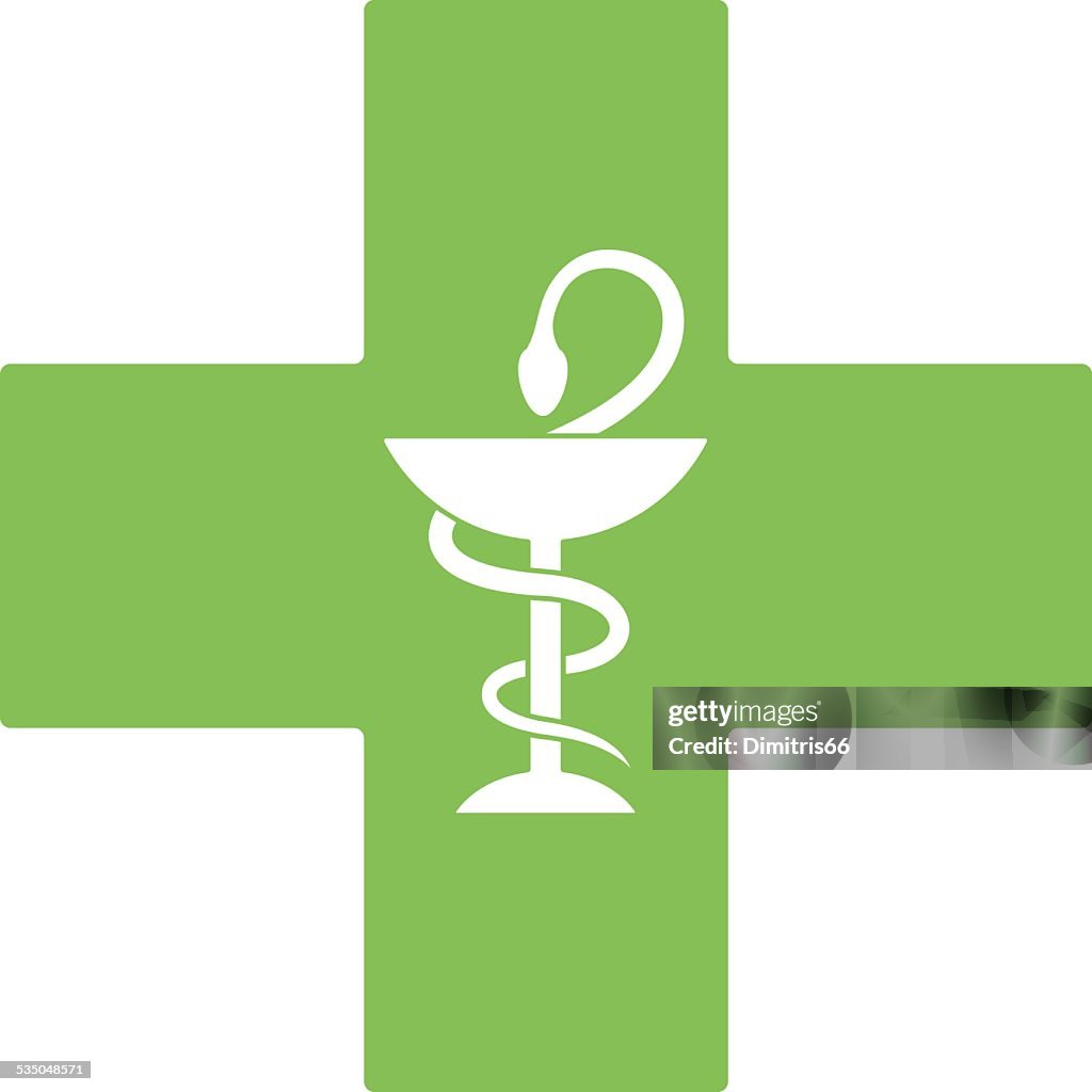 Pharmacy snake symbol on green cross isolated on white