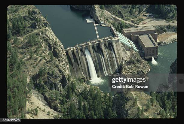 An aerial view of the Long Lake Hydroelectric Project along the Spokane River. | Location: West of Spokane, Washington, USA.