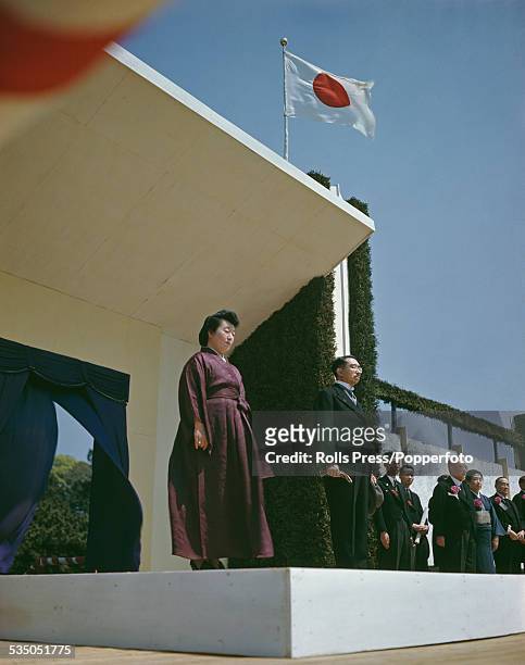 Hirohito, Emperor of Japan pictured with his wife, Empress Nagako at an official ceremony in Japan circa 1950.