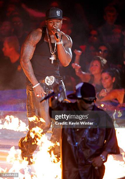 Rapper 50 Cent performs on stage during the 2005 MTV Video Music Awards at the American Airlines Arena on August 28, 2005 in Miami, Florida.