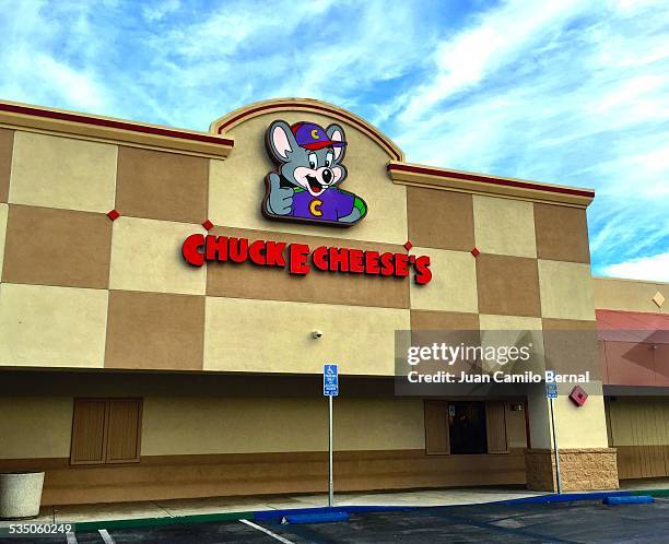 Retail sign. Chuck E Cheese's restaurant and games in Lakewood, California.