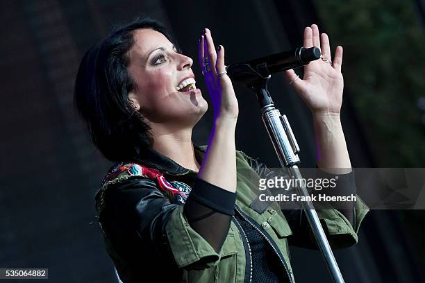 Singer Stefanie Kloss of the German band Silbermond performs live during a concert at the Kindlbuehne Wuhlheide on May 28, 2016 in Berlin, Germany.