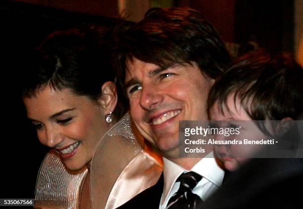 American actress Katie Holmes with actor Tom Cruise and baby Suri at Rome's "Nino's" restaurant to attend their pre-wedding dinner. They are expected...
