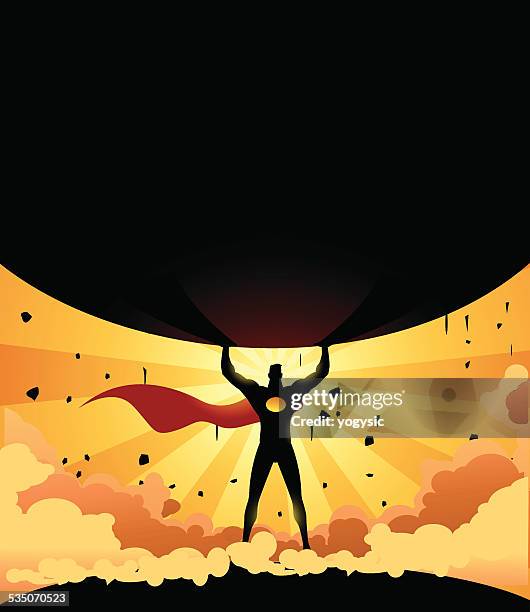 vector superhero lifting a heavy rock silhouette - strong man lifting silhouette stock illustrations