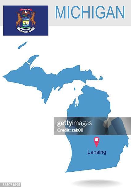 usa state of michigan's map and flag - lansing stock illustrations