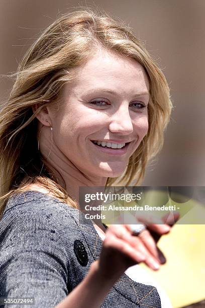 Actress Cameron Diaz waves to fans while attending the presentation of "Shrek The Third" in Rome.