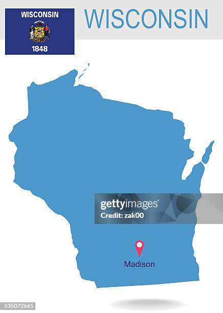 usa state of wisconsin's map and flag - file wisconsin pole of inaccessibility.png stock illustrations