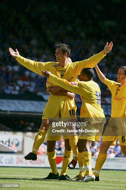 David Nugent of Preston celebrates his goal during the Coca-Cola Championship match between Ipswich Town and Preston North End at Portman Road on...