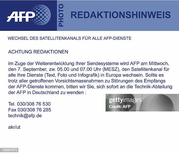 Achtung Redaktionen, im Zuge der Weiterentwicklung Ihrer Sendesysteme wird AFP am Mittwoch, den 7. September, zwischen 05.00 Uhr und 07.00 Uhr den...