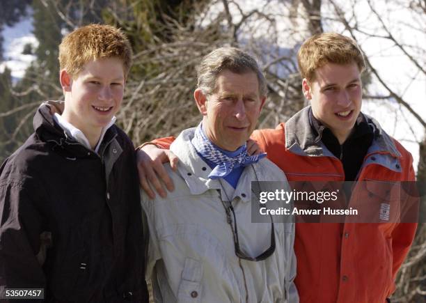 Prince Charles,the Prince of Wales, Prince William and Prince Harry pose for photographers during their skiing holiday in March, 2002 in Klosters,...