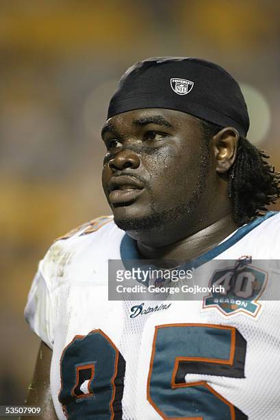 Defensive lineman Josh Shaw of the Miami Dolphins watches the action from the sideline during a preseason game against the Pittsburgh Steelers at...