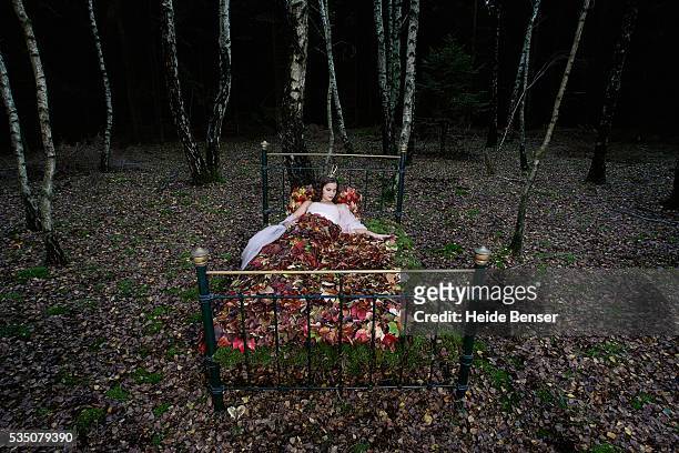 a fairy princess asleep in forest bed - fairytale princess stock pictures, royalty-free photos & images