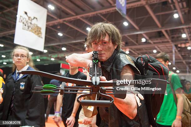 Cosplay enthusiast in costume as Daryl Dixon from The Walking Dead seen on Day 2 of MCM London Comic Con at The London ExCel on May 28, 2016 in...