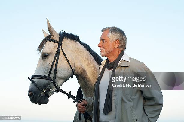 man with horse - holding horse stockfoto's en -beelden